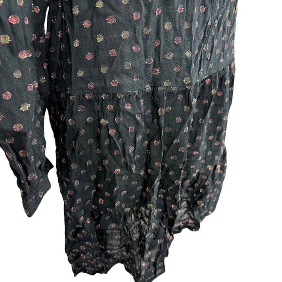 Ann Taylor Loft Black Metallic Polka Dot Long Sleeve Peasant Mini Dress sz L - Picture 2 of 16